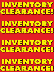 A series of three red and yellow stanchion signs with the text 'INVENTORY CLEARANCE!' and 'INVENTORY ON SALE!' displayed.