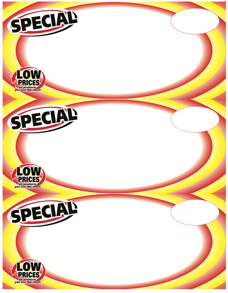 Special Shelf Signs -8.5"W x 11"H- 3 up per sheet -300 signs - screengemsinc