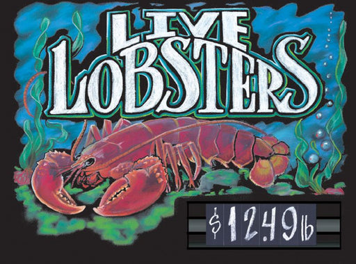 A price board sign featuring a lobster graphic with green and white text, indicating 'Live Lobsters' and a price of $12.49.