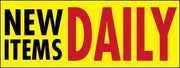 A red and yellow retail price sign that reads 'NEW ITEMS DAILY' in bold lettering on a yellow background.