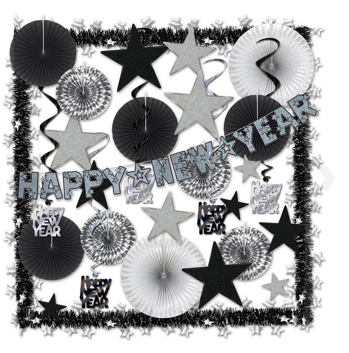 New Years Shimmering Silver Display Decoration Kit- 32 pieces - screengemsinc