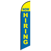 A blue and yellow feather flag with the text 'NOW HIRING' printed in bold letters, attached to a yellow aluminum pole.