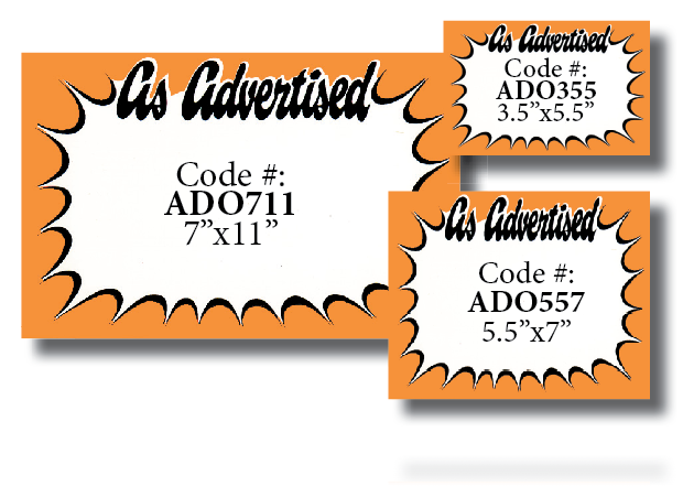 As Advertised Shelf Signs Price Cards-Fluorescent Orange 14"W x 11"H -100 signs - screengemsinc