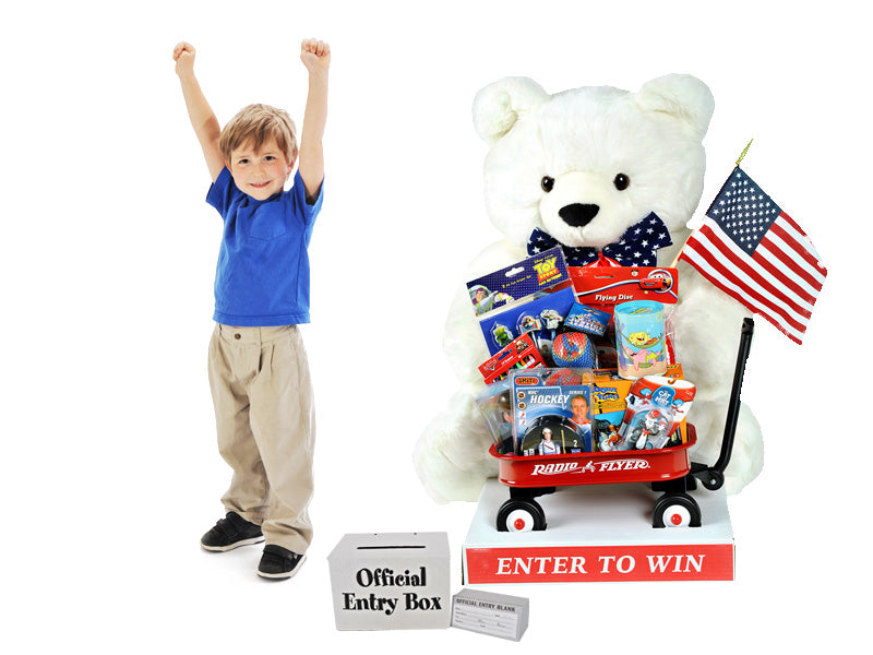 Patriotic Bear with Toy Filled Wagon -4' Tall-Giant Sweepstakes Giveaway Item
