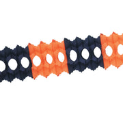 A Halloween themed display garland featuring orange and black colors with cut-out shapes.