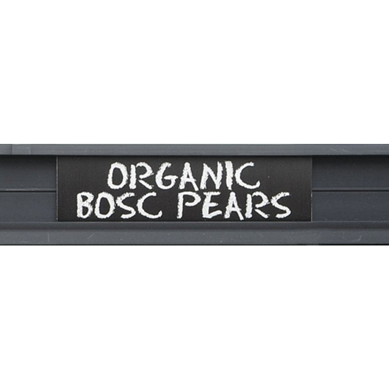 A black plastic produce name insert with 'ORGANIC BOSC PEARS' written in white chalk font.