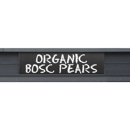 A black plastic produce name insert with 'ORGANIC BOSC PEARS' written in white chalk font.