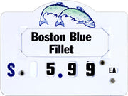 A white plastic dial price tag with blue and black text, featuring an illustration of a fish at the top.