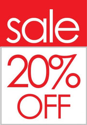 A sale sign in a red and white color scheme, indicating a 20% discount, with the word 'SALE' and '20% OFF' prominently displayed.