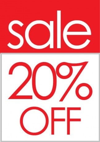 A sale sign in a red and white color scheme, indicating a 20% discount, with the word 'SALE' and '20% OFF' prominently displayed.