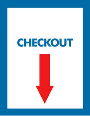Checkout sign with red arrow and blue border
