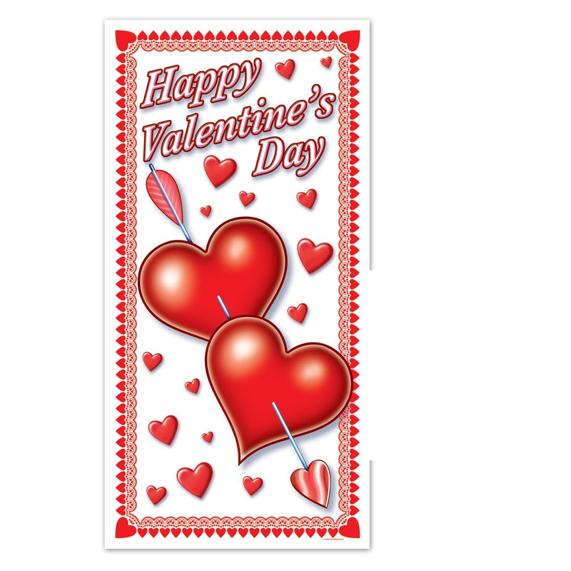 A Valentine's Day themed door cover featuring two red hearts with a arrow, surrounded by small red hearts and the text 'Happy Valentine's Day'.
