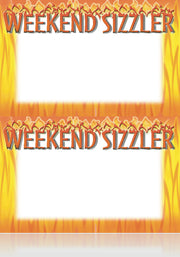 A stock photo of a Weekend Sizzler shelf sign with a contemporary design featuring orange and yellow colors and text.