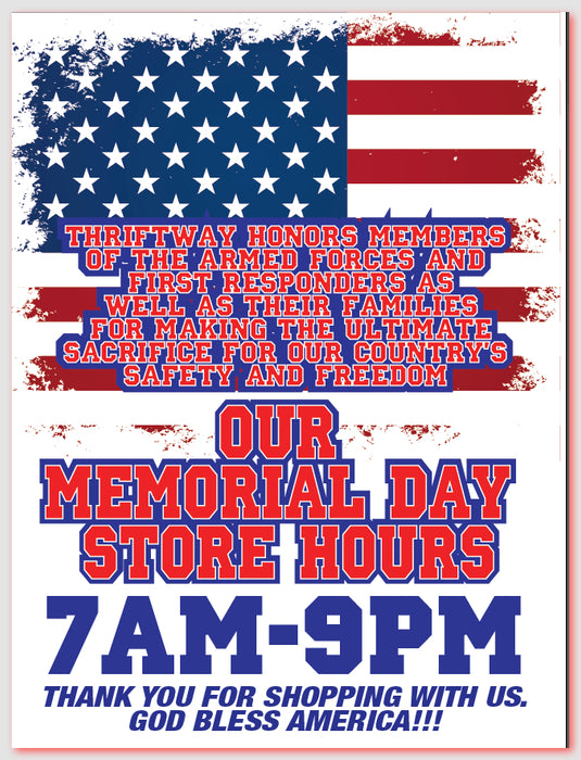 Memorial Day Store Hours Window SignCustom Printed — screengemsinc