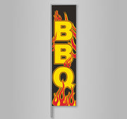 A rectangular banner flag with the word 'BBQ' in bold letters and flame graphics above the text.