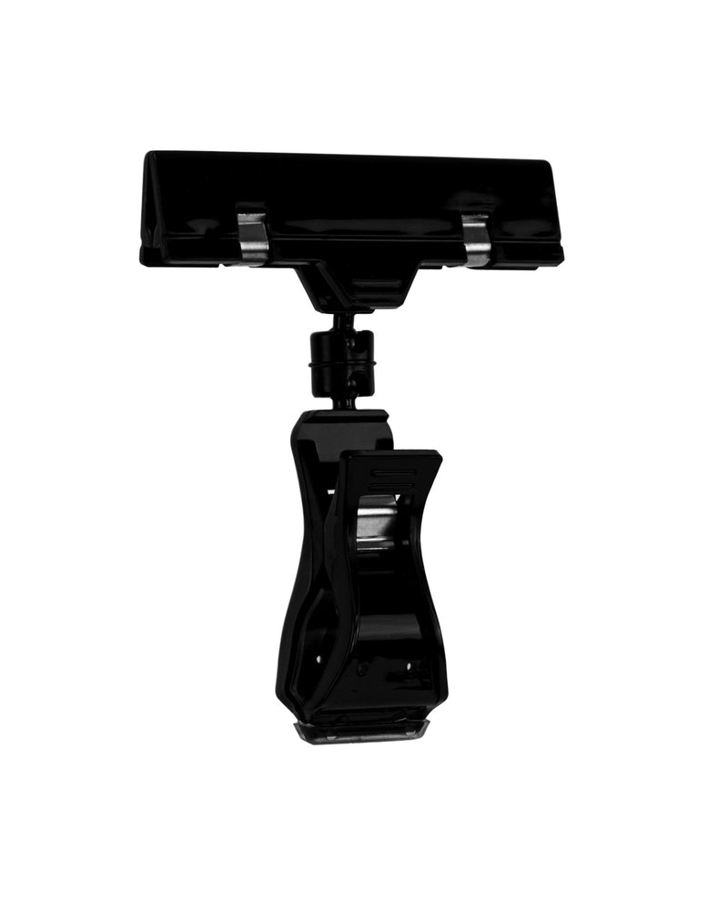 Black plastic large clip-on sign holder with a ball joint and anti-slip coating, designed to attach to fixtures and display signs.