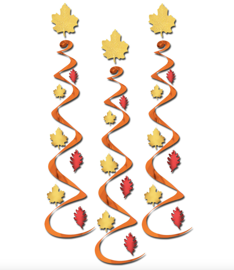 A set of six ceiling danglers with a fall leaves design, featuring orange and red leaves on a white background.