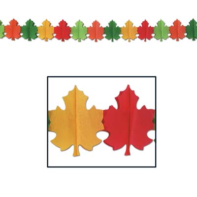 A set of fall leaf display garlands in various colors including yellow, red, and green, arranged in a row.
