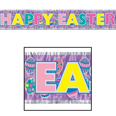 A set of metallic Easter-themed banners featuring the text 'Happy Easter' and images of bunnys and colorful eggs.
