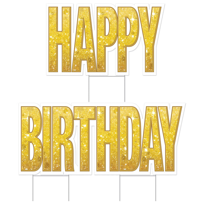 Happy Birthday Gold Lawn Yard Sign Set