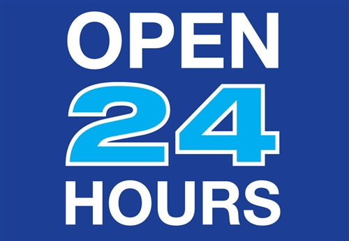Open 24 Hours Lawn Yard Signs-24"W x 18"H-Blue