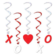 A set of Valentine's Day themed ceiling danglers featuring red and white colors with heart shapes and 'XO' symbols.