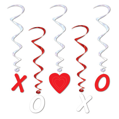 A set of Valentine's Day themed ceiling danglers featuring red and white colors with heart shapes and 'XO' symbols.